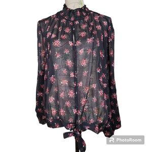Maurices Sheer Navy Red Floral Blouse Mockneck Balloon Sleeve Size X-Large Sheen